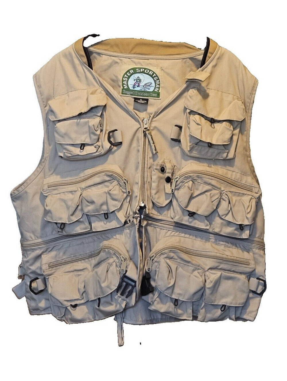 Master Sportsmen Men’s tan Nylon Fishing Utility Vest Full Zip Multi-Pocket
